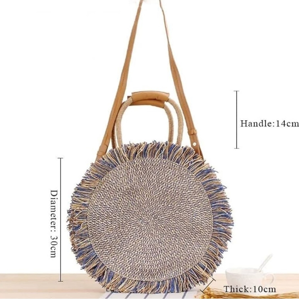 Tan and Blue Woven Round Bag